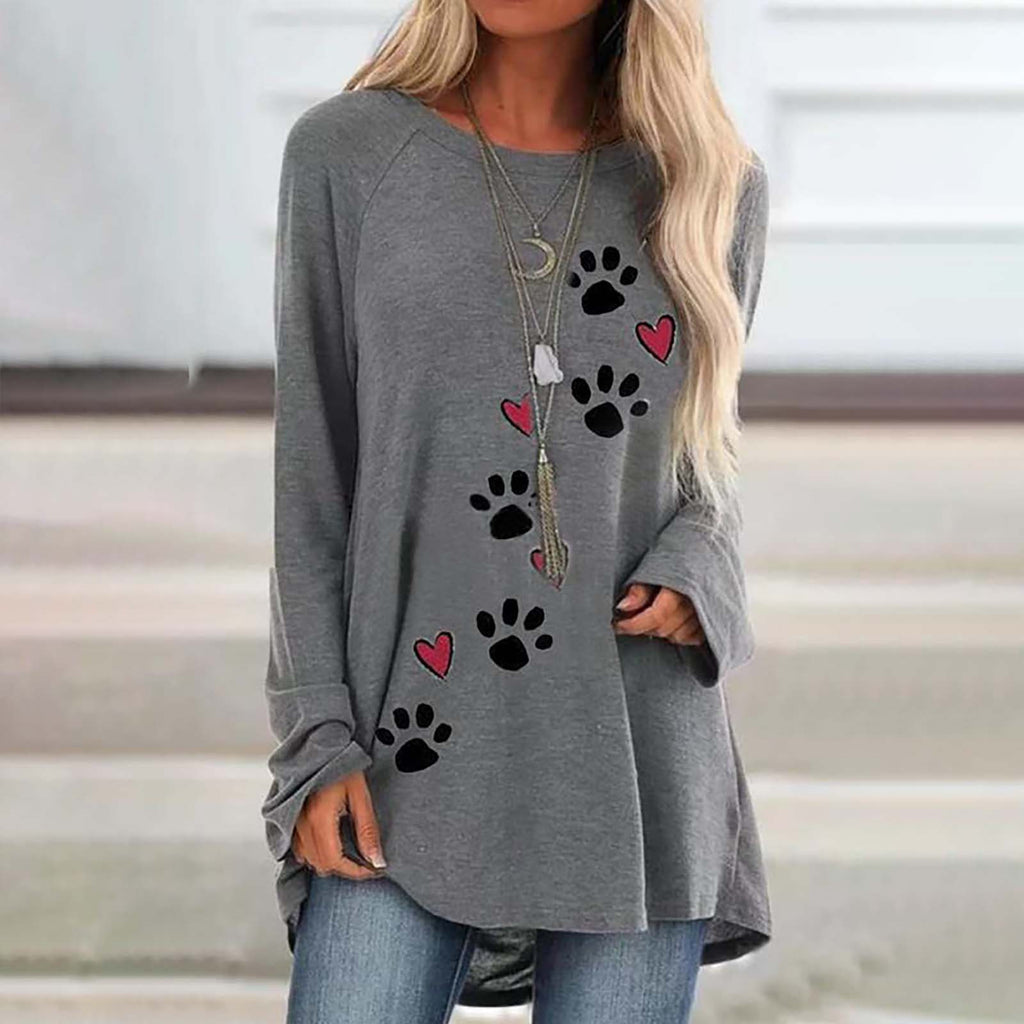 Round neck dog paw print loose top T-shirt