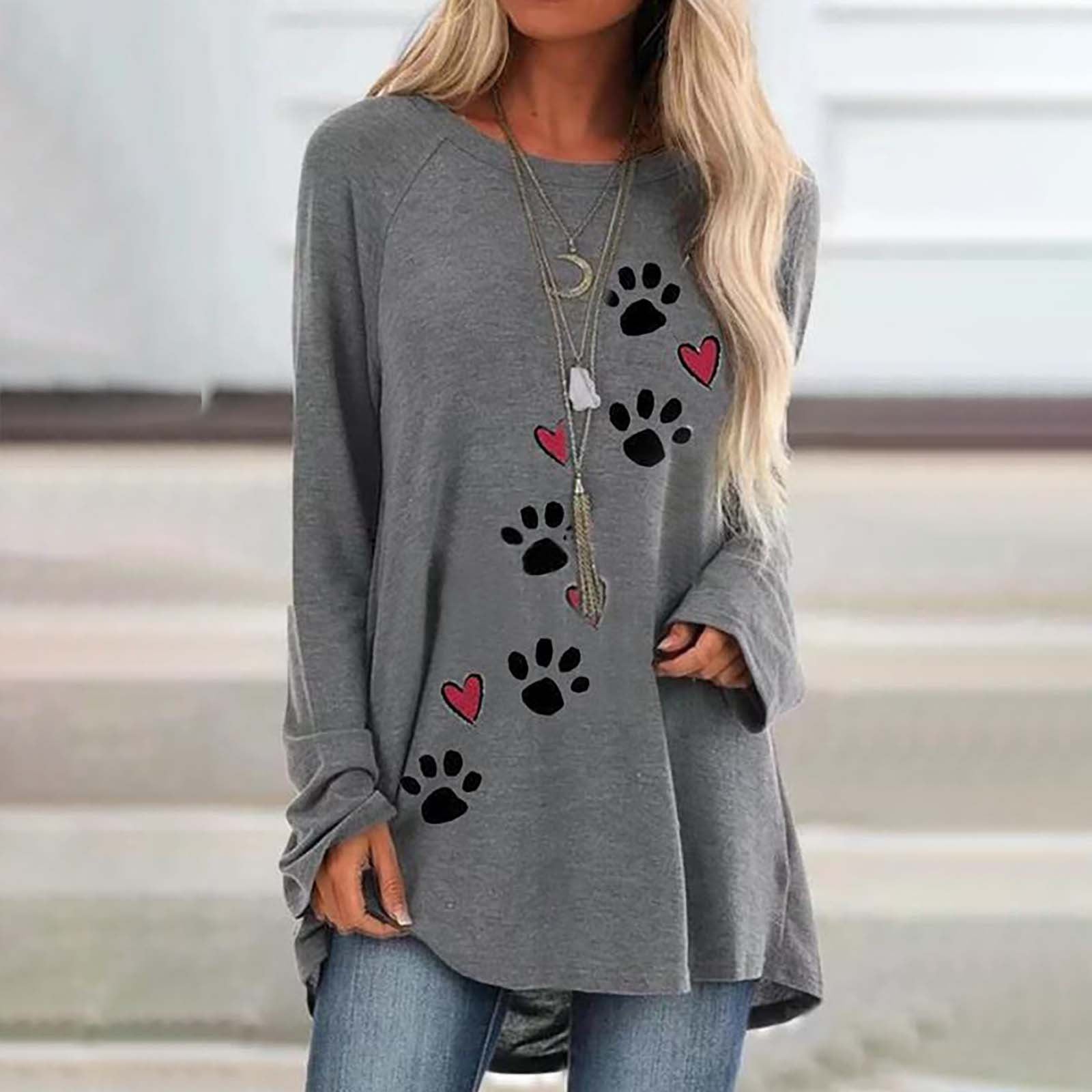 Round neck dog paw print loose top T-shirt