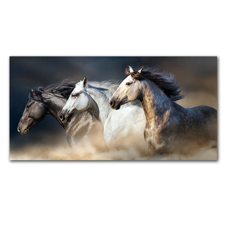 Decorative painting of three horses galloping