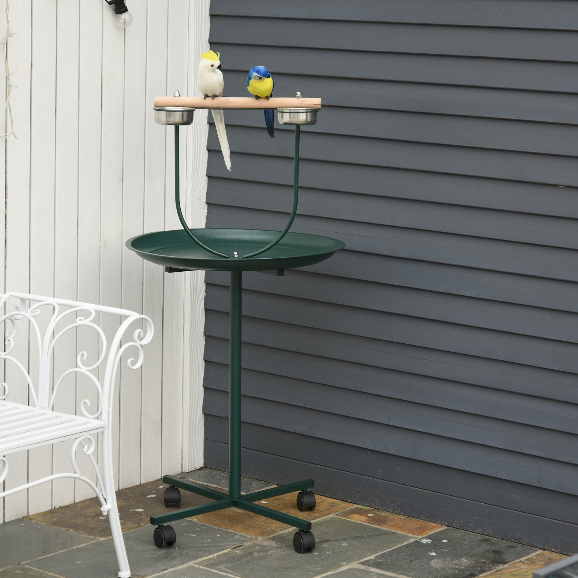 PawHut Bird Perch Stand With Four Wheels, Feeding Bowls, For Small, Medium Birds, Green